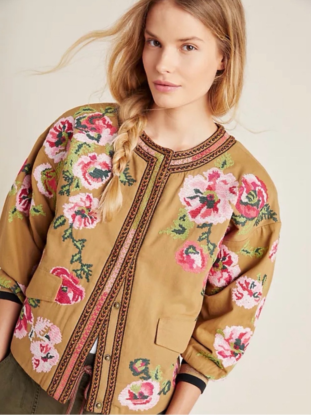 Anthropologie Floral Embroidered Bomber Jacket in Tan and Pink
